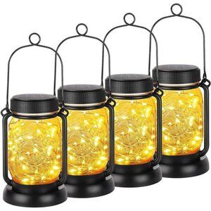 4 Pack Solar Hanging Lantern with Stakes, Outdoor Waterproof Solar Mason Jar